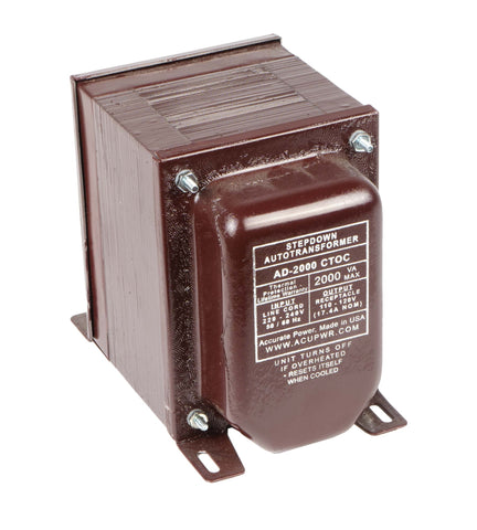 ACUPWR red 2000-Watt Step-Down Transformer (AD-2000CTOC) angled view