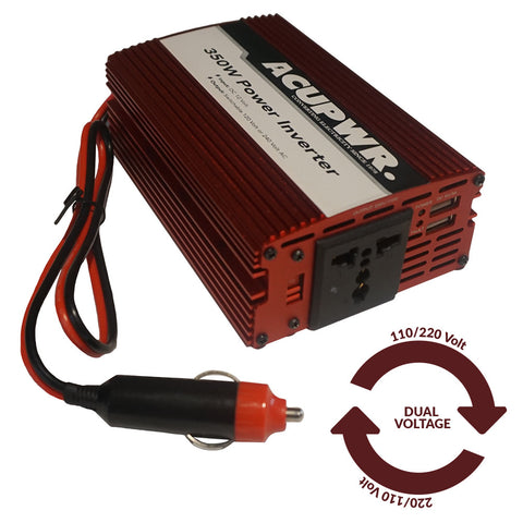 350-Watt Travel Car Power Inverter Converts 12-volts DC to 110 or 240-volts AC w/Universal Plug Port Ideal for Charging Laptops, Smart Phones, Tablets, and more - ACUPWR USA
 - 1