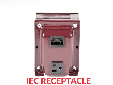 ACUPWR red 2000-Watt Step-Down Transformer (AD-2000CTOC) back view with IEC receptacle