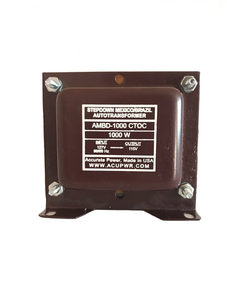 ACUPWR red 1000-Watt Step-Down Transformer (AMBD-1000) front view with label