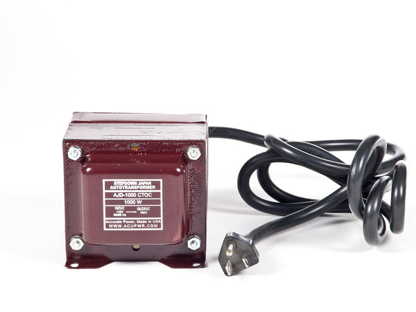 ACUPWR red 1000-Watt Step-Down Transformer (AJD-1000) front view with label