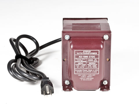 ACUPWR red 1000-Watt Step-Up Transformer (AU-1000) front view with label
