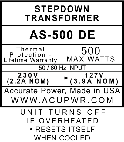 500 Tru-Watts™ Step Down Voltage Transformer - Use 127-Volt Appliances in 220-240-Volt Countries, and Vice-Versa – AS-500DE