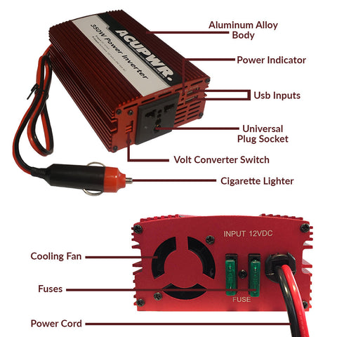 350-Watt Travel Car Power Inverter Converts 12-volts DC to 110 or 240-volts AC w/Universal Plug Port Ideal for Charging Laptops, Smart Phones, Tablets, and more - ACUPWR USA
 - 3