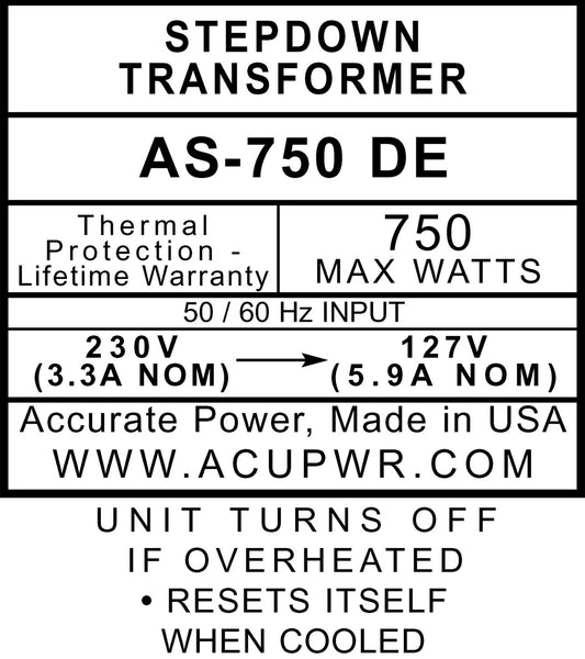 750 Tru-Watts™ Step Down Voltage Transformer - Use 127-Volt Appliances in 220-240-Volt Countries AS-750DE